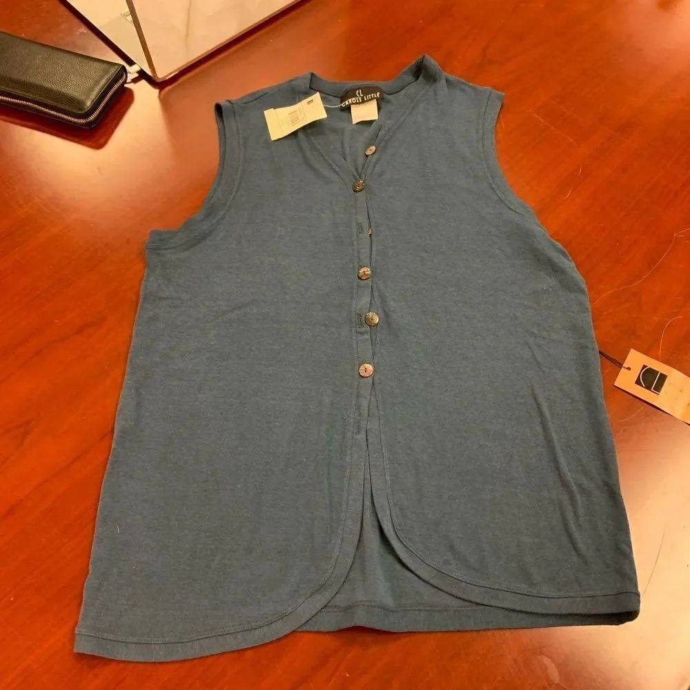 Vintage Carole Little Steel Blue Lagenlook Jersey Vest sz S NWT
